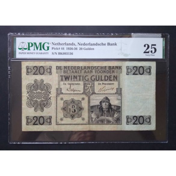 Hollandia 20 Gulden 1926 PMG25 minősített bankjegy VF