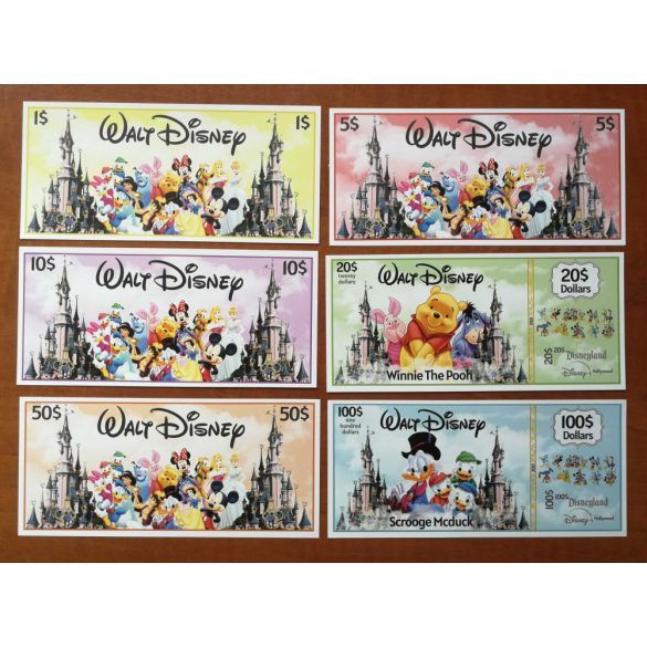 Walt Disney Disneyland 1, 5, 10, 20, 50, 100 Dollars UNC set