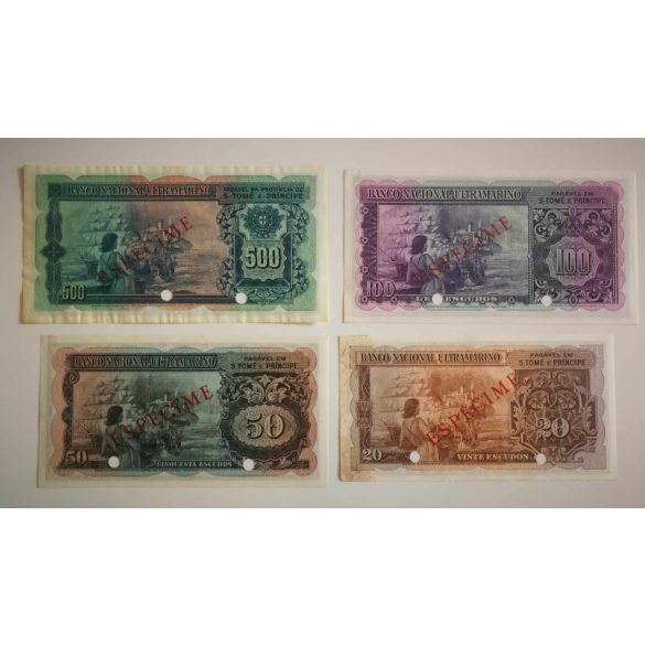 Sao Tome and Principe 20 Escudos Aunc-, 50 Escudos UNC, 100 Escudos UNC, 500 Escudos Aunc- 1958  -  specimen