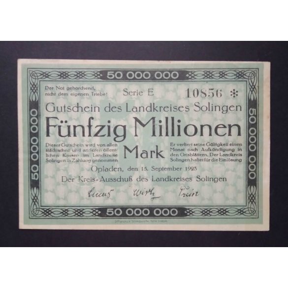 Germany 50 Million Mark Opladen 1923 VF+ 