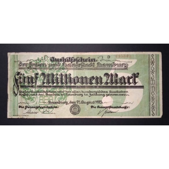 Germany 5 Million Mark 1923 F Hamburg