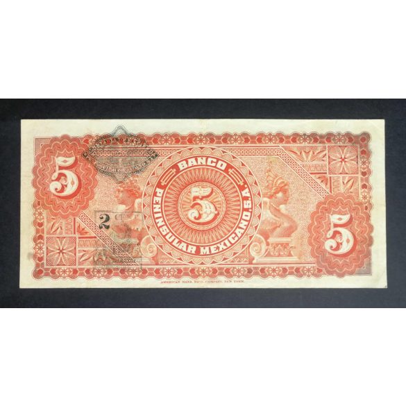 Mexikó 5 Pesos 1914  EL BANCO PENINSULAR Mexicano VF