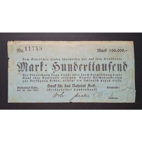 Németország 100000 Mark Birkenfeld 1923 VG+