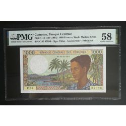 Comoros 1000 Francs 1984 aUNC - PMG 58 certified banknote