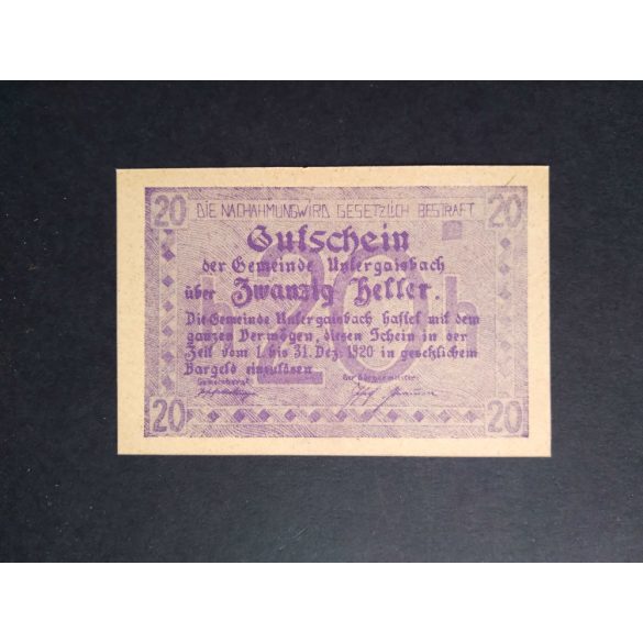 Austria 20 Heller 1920 Unc Untergaisbach