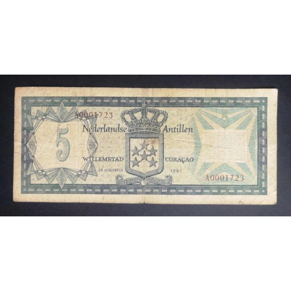 Netherlands Antilles 5 Gulden 1967 F low serial