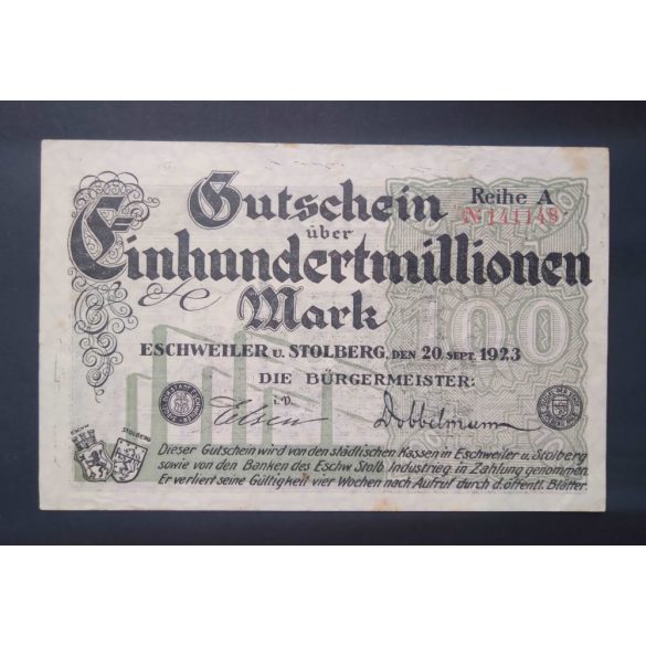 Germany Eschweiler und Stolberg 100 Million Mark 1923 VF