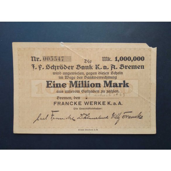 Germany 1 Million Mark 1923 Bremen VG