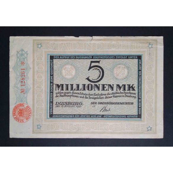 Németország 5 Millió Mark Duisburg 1923 VF-