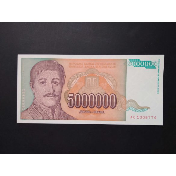 Jugoszlávia 5000000 Dinara 1993 Unc-