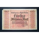 Germany 50 Million Mark Köln 1923 VG