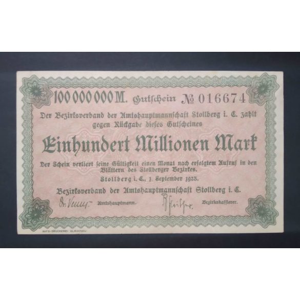 Németország Stollberg 100 Millió Mark 1923 VF