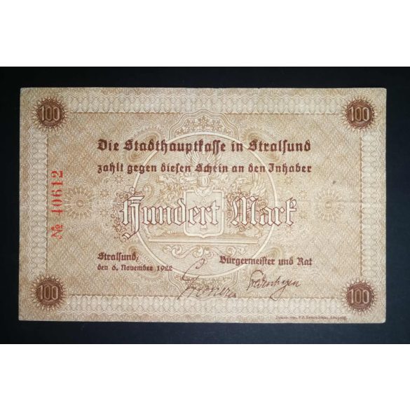 Germany 100 Mark 1922 Weimar Republic Stralsund VF