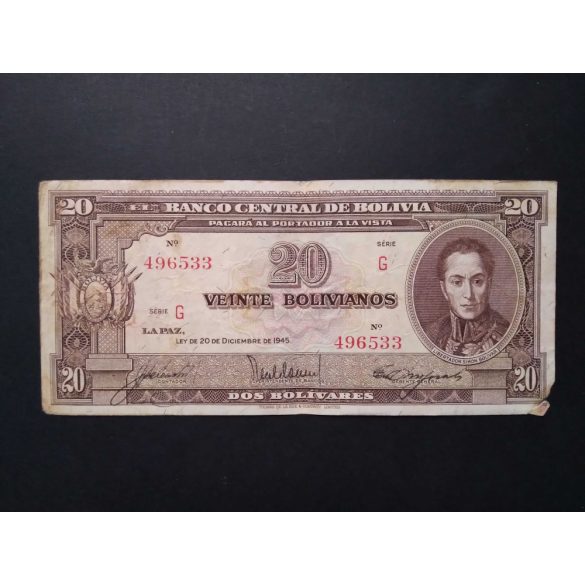 Bolívia 20 Bolivianos 1945 VG+