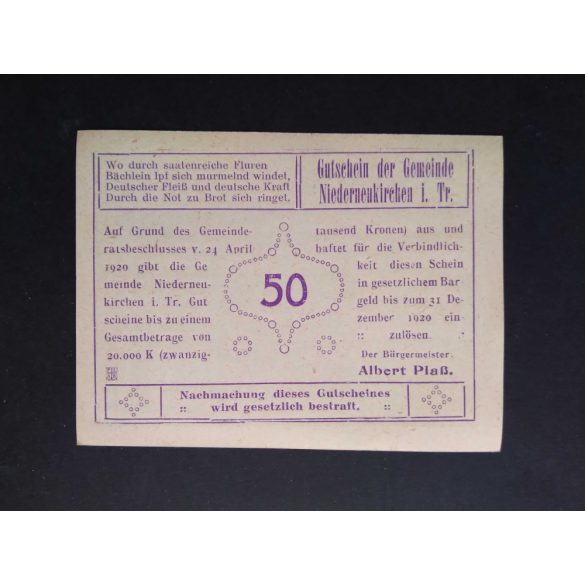 Austria 50 Heller 1920 Unc- Niederneukirchen