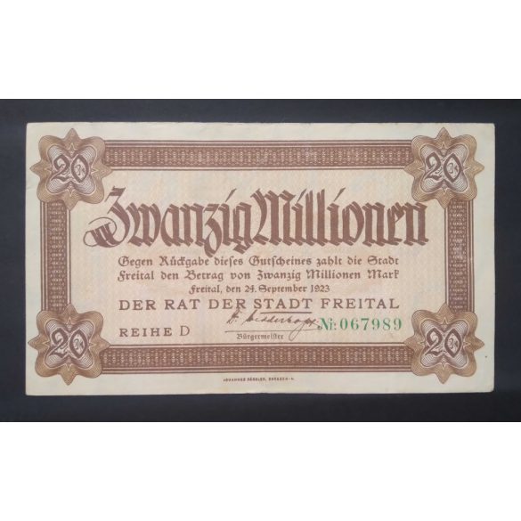 Germany 20 Million Mark Freital 1923 VF+