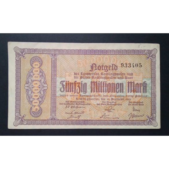 Németország 50 Millió Mark Recklinghausen 1923 VF+ 