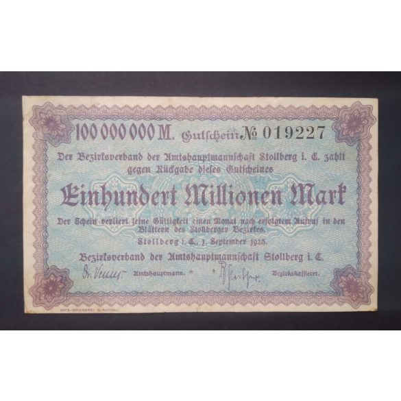 Germany Stollberg 100 Million Mark 1923 F