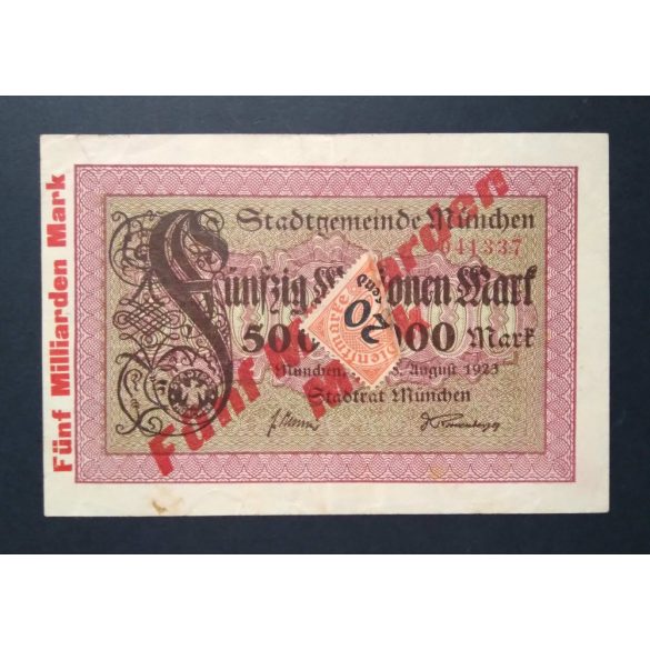 Németország 50 millió/ 5 milliárd Mark München 1923 VF- 