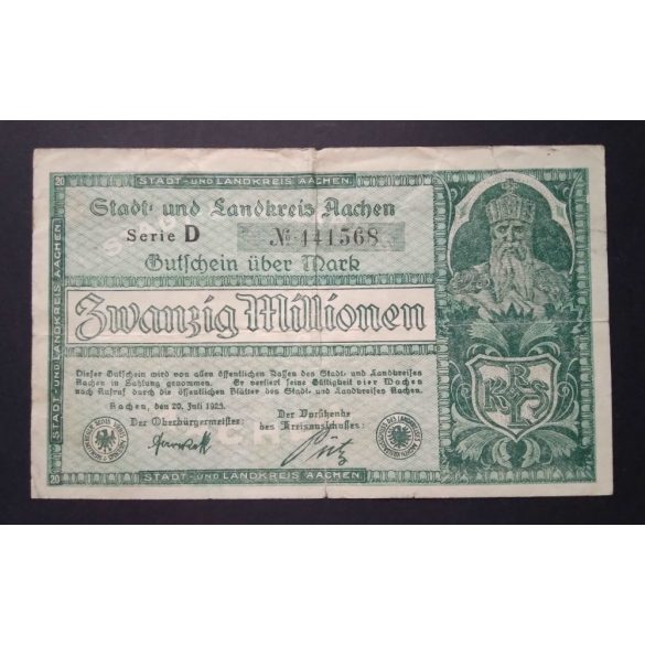 Germany 20 Million Mark 1923 F Aachen