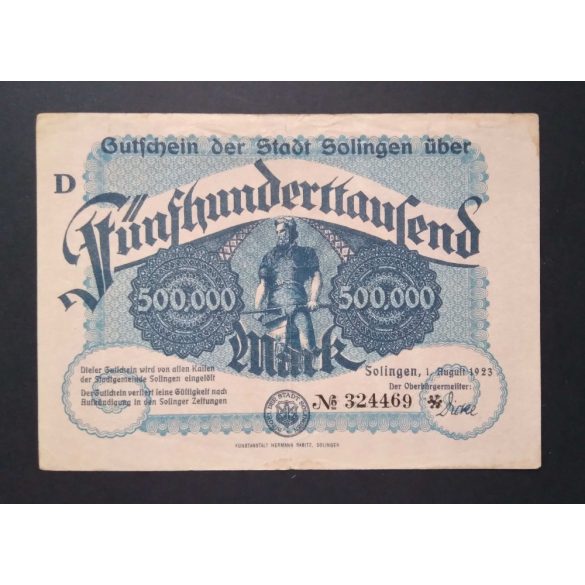 Németország 500000 Mark Solingen 1923 VF+