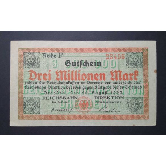 Németország 3 Millió Mark Dresden 1923 VF-