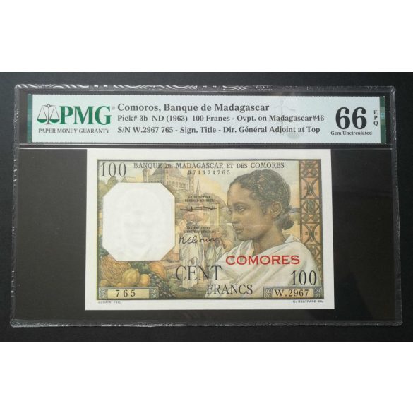 Comore-szigetek 100 Francs 1963 UNC - PMG 66 minősített bankjegy 
