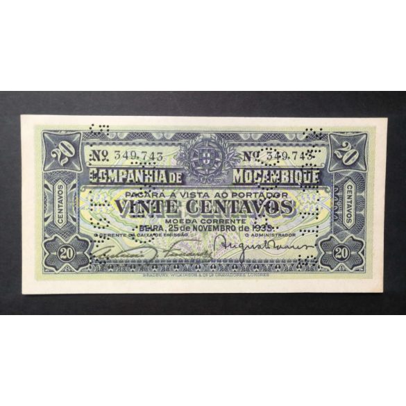 Mozambik 20 Centavos 1933 1942-es perforációval Unc-