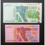 West African States Ivory Coast 5000 Francs 2003, 1000 Francs 2003 AUNC with same serial number