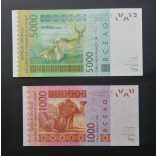 West African States Ivory Coast 5000 Francs 2003, 1000 Francs 2003 AUNC with same serial number