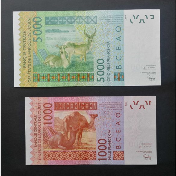 West African States Ivory Coast 5000 Francs 2003, 1000 Francs 2003 AUNC with same serial number
