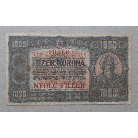 Hungary 1000 Kronen 8 Filler overstamp 1923 F