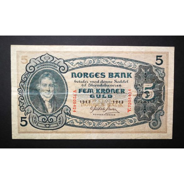 Norvégia 5 Kroner 1943 F+