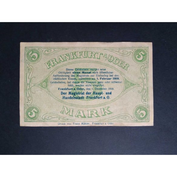 Németország Frankfurt an der Oder 5 Mark 1918 VF 