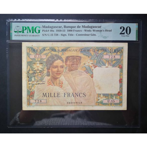 Madagaszkár 1000 Francs 1950-53 VF - PMG 20 minősített bankjegy