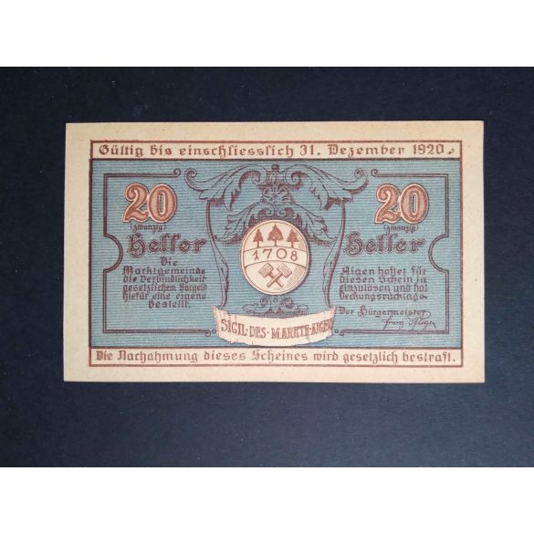 Austria 20 Heller 1920 Unc Sigil des Markth Aigen