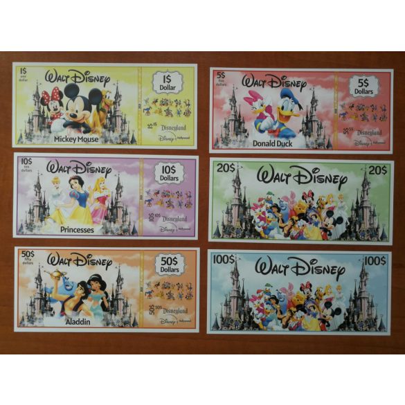 Walt Disney Disneyland 1, 5, 10, 20, 50, 100 Dollars UNC szett