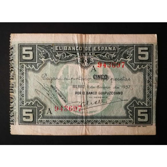 Spain 5 Pesetas 1937 F