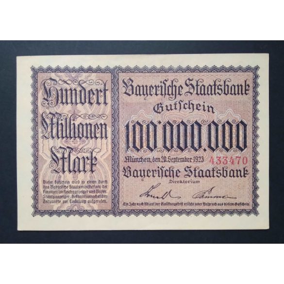 Németország 100 millió Mark München 1923 Unc-