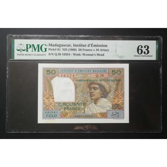 Madagaszkár 50 Francs/ 10 Ariary 1969 UNC - PMG 63 minősített bankjegy
