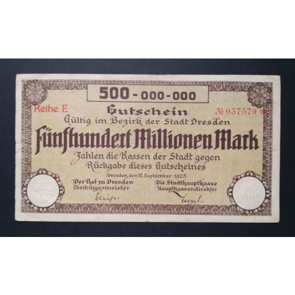 Németország 500 Millió Mark Dresden 1923 VF- szárazbélyegzővel