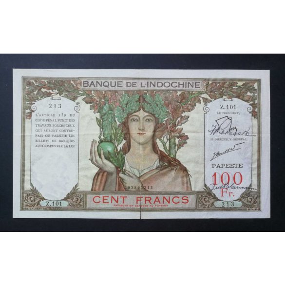 Tahiti, Papeete 100 Francs 1939 F 