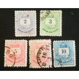 Magyarország 1874 Színesszámú krajcáros 5 db B11 1/2 pecsételt, 10 kr fogazat hiány G3 