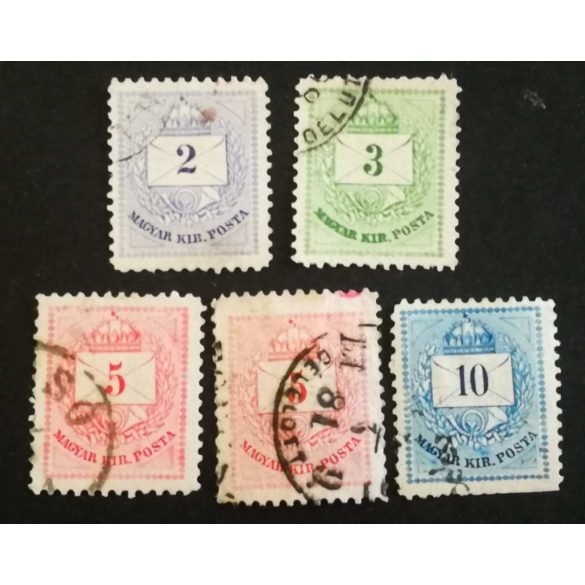 Magyarország 1874 Színesszámú krajcáros 5 db B11 1/2 pecsételt, 10 kr fogazat hiány G3 