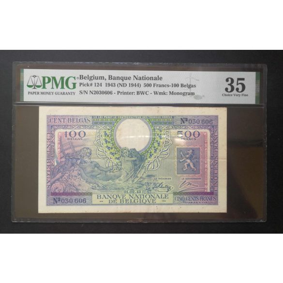 Belgium 500 Francs 100 Belgas 1943 VF  - PMG által minősített bankjegy
