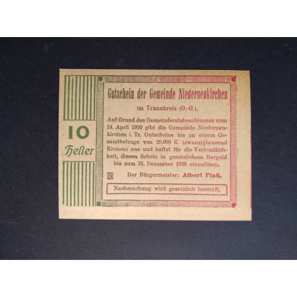 Austria 10 Heller 1920 Unc Niederneukirchen 