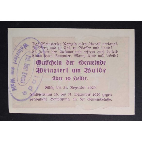 Austria 10 Heller 1920 Unc Weinzierl 