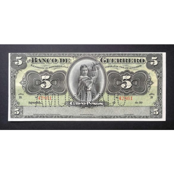 Mexikó Guerrero 5 Pesos 1906-1914 BANCO de GUERRERO "AMORTIZADO" perforáció UNC-