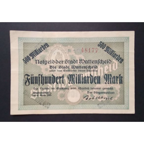 Németország 500 Milliárd Mark Wattenscheid 1923 VF Szárazbélyegzővel