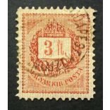 Hungary 1888 Letter, red cipher 3 FT. perf 11 1/2 Budapest Központ (Távirda ...) used